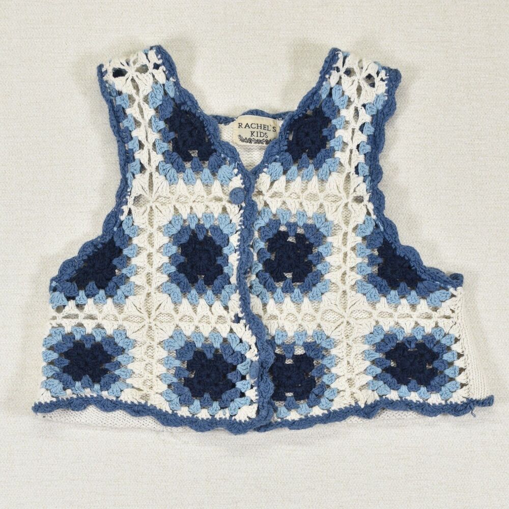 Vintage Rachel's Kids Crochet Granny Square Vest Blue White Size 4
